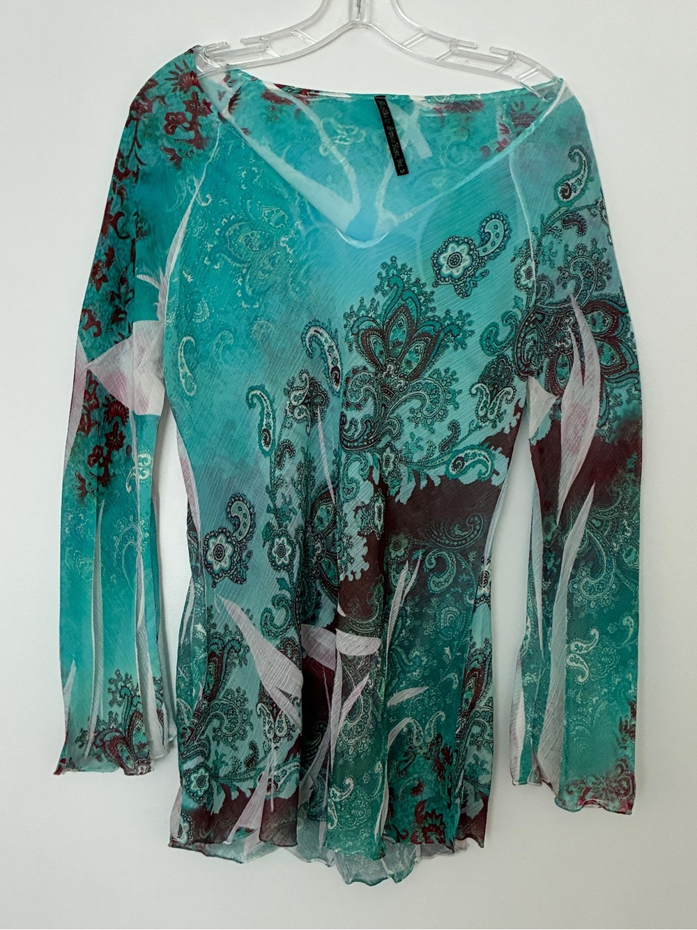 Teal and White Sheer Pleated Blouse